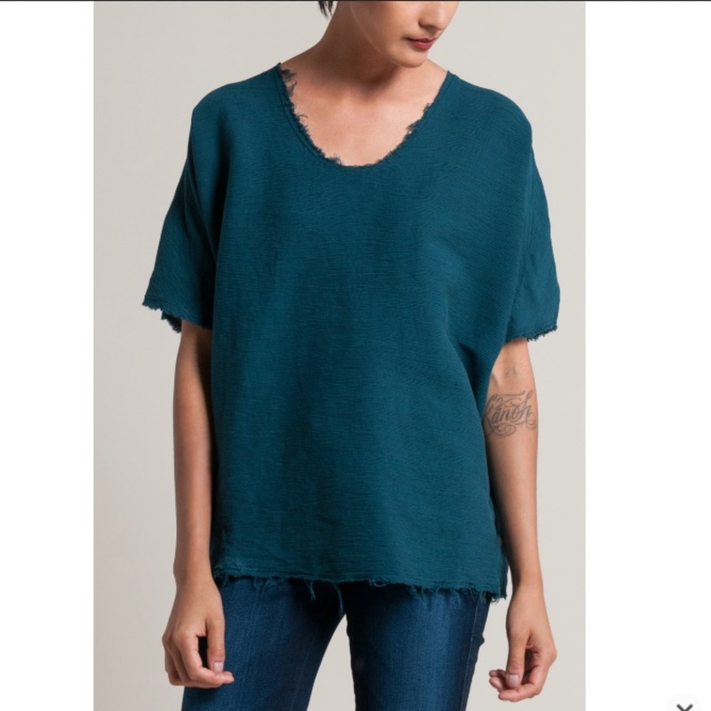 Black Crane Cotton Gauze Short Sleeve Top Scoop Neck Teal size Small